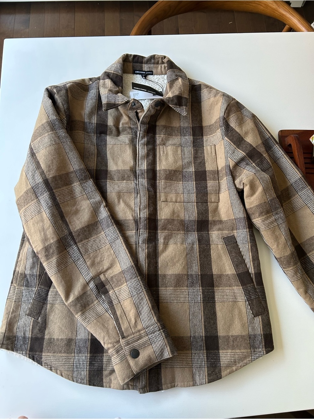 James Perse Beige and Brown Plaid Lightweight Shirt Jacket